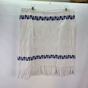 For Cynthia Cotton Linen Fringe Skirt Blue Cross-Stitched Design No size tag